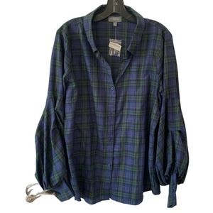 Greyson Women's Plaid Blouse Puff Sleeves Blue NEW Size Large